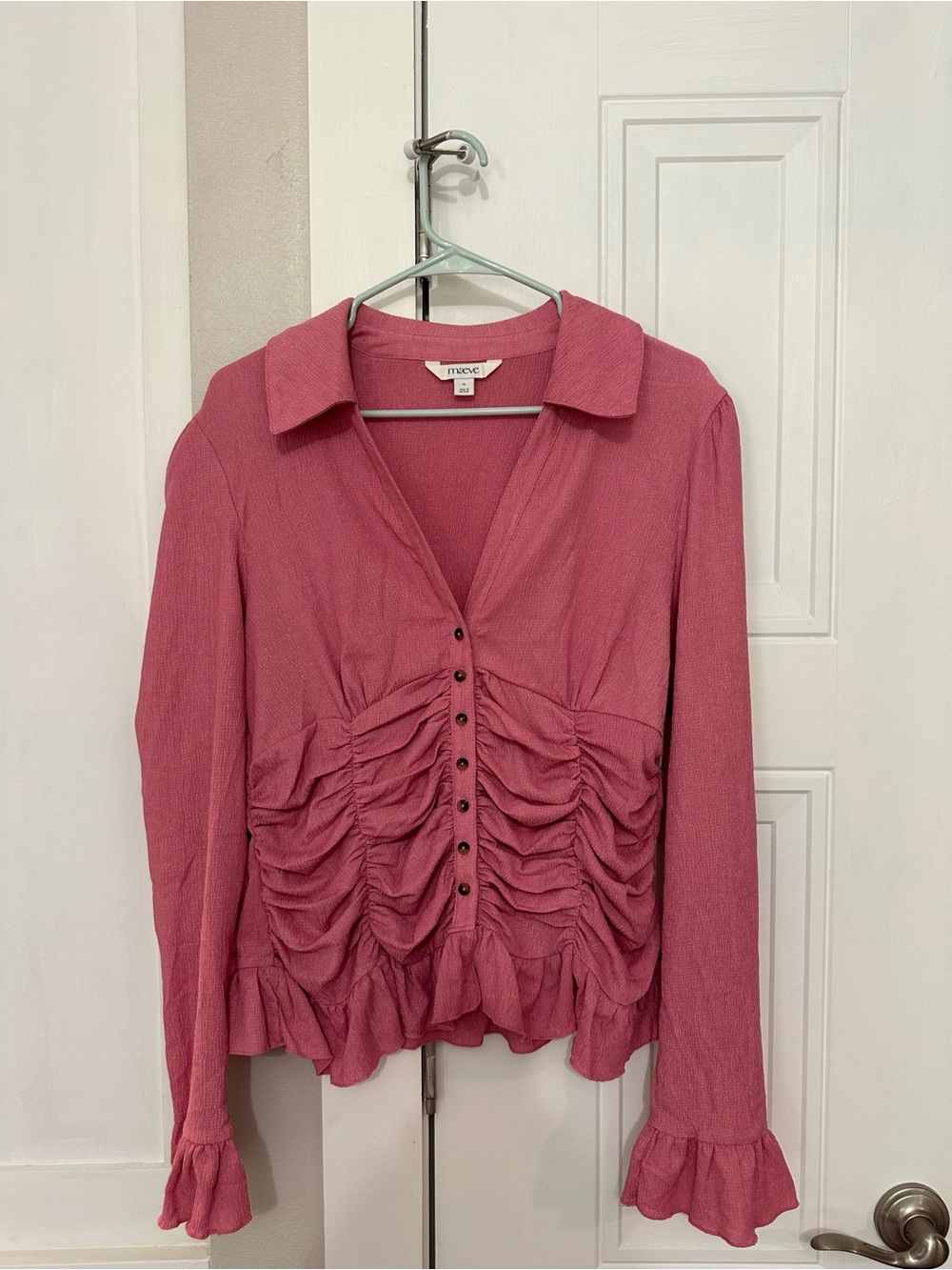Maeve Rose Pink Ruched Button-Front Long Sleeve Blouse